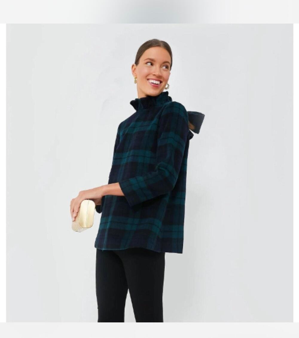 Tuckernuck Black Watch Tartan Green Navy Bow Back Ruffle Neck Top L Large Preppy